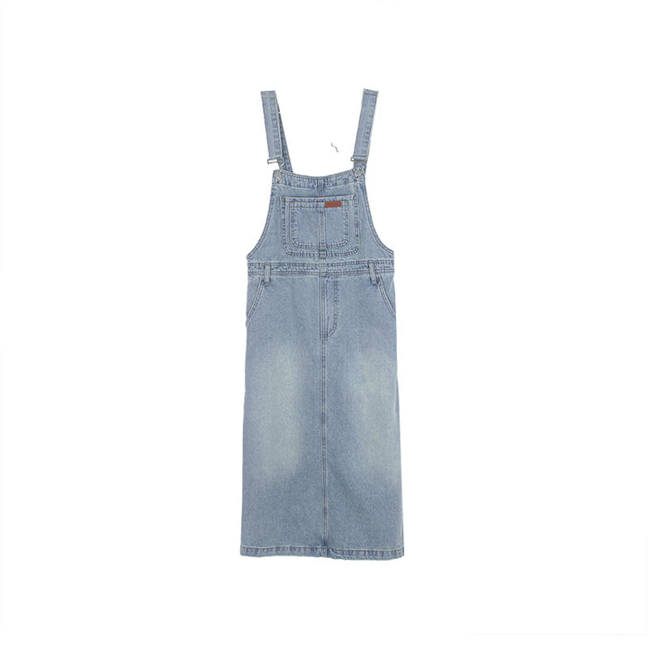 Dame bæltekjole i afslappet denim-stil med store lommer og justerbare stropper Stilla