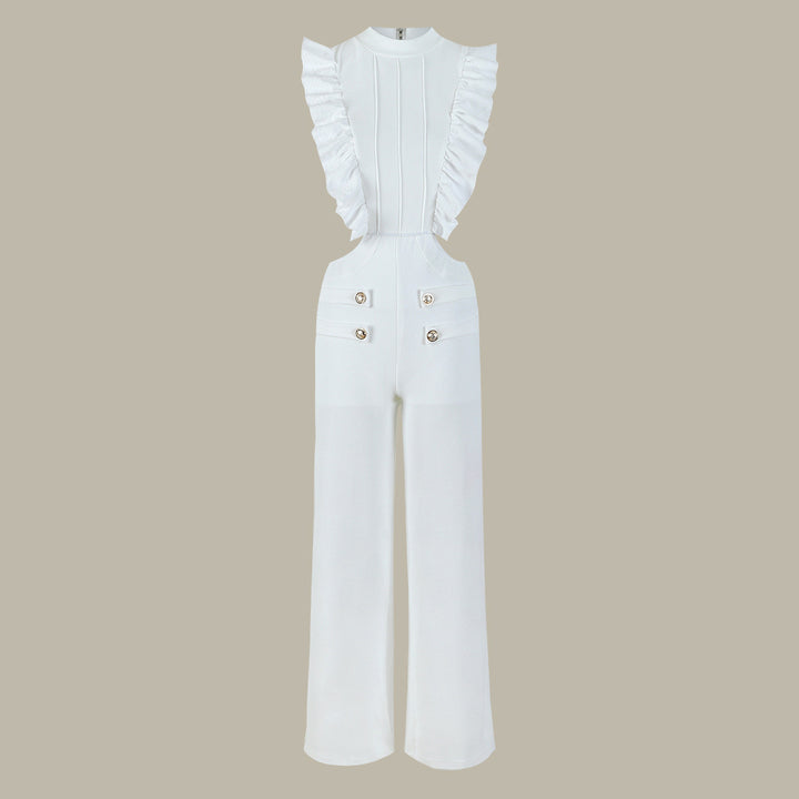 Dame jumpsuit med voluminøse flæser og elegante udskæringer Stilla
