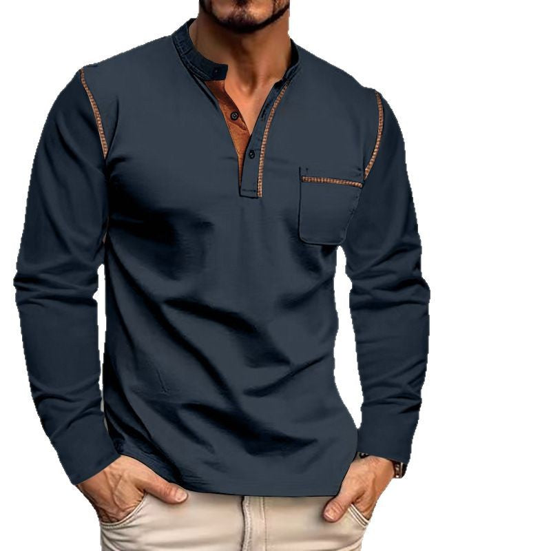 Herrer langærmet Henley-shirt med moderne krave og kontrasterende accenter Stilla