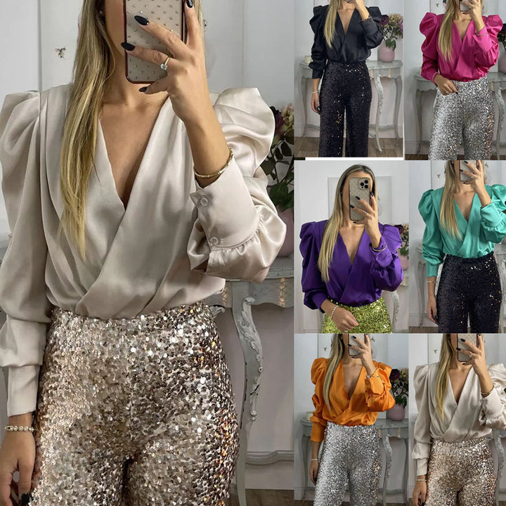 Dame Højhalset Satin-top med Puffærmer og Vikkel Design Stiila
