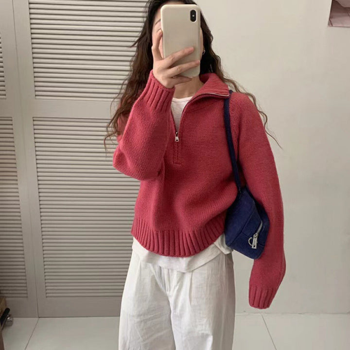 Kvindernes hyggelige strikkede sweater med høj krave og lynlås