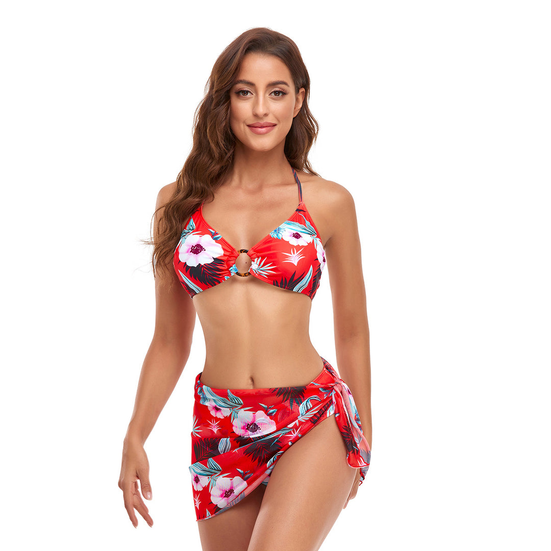 Dame Triangel-Bikini-Sæt med moderne omslagsskjørt og blomsterdesign Skovae