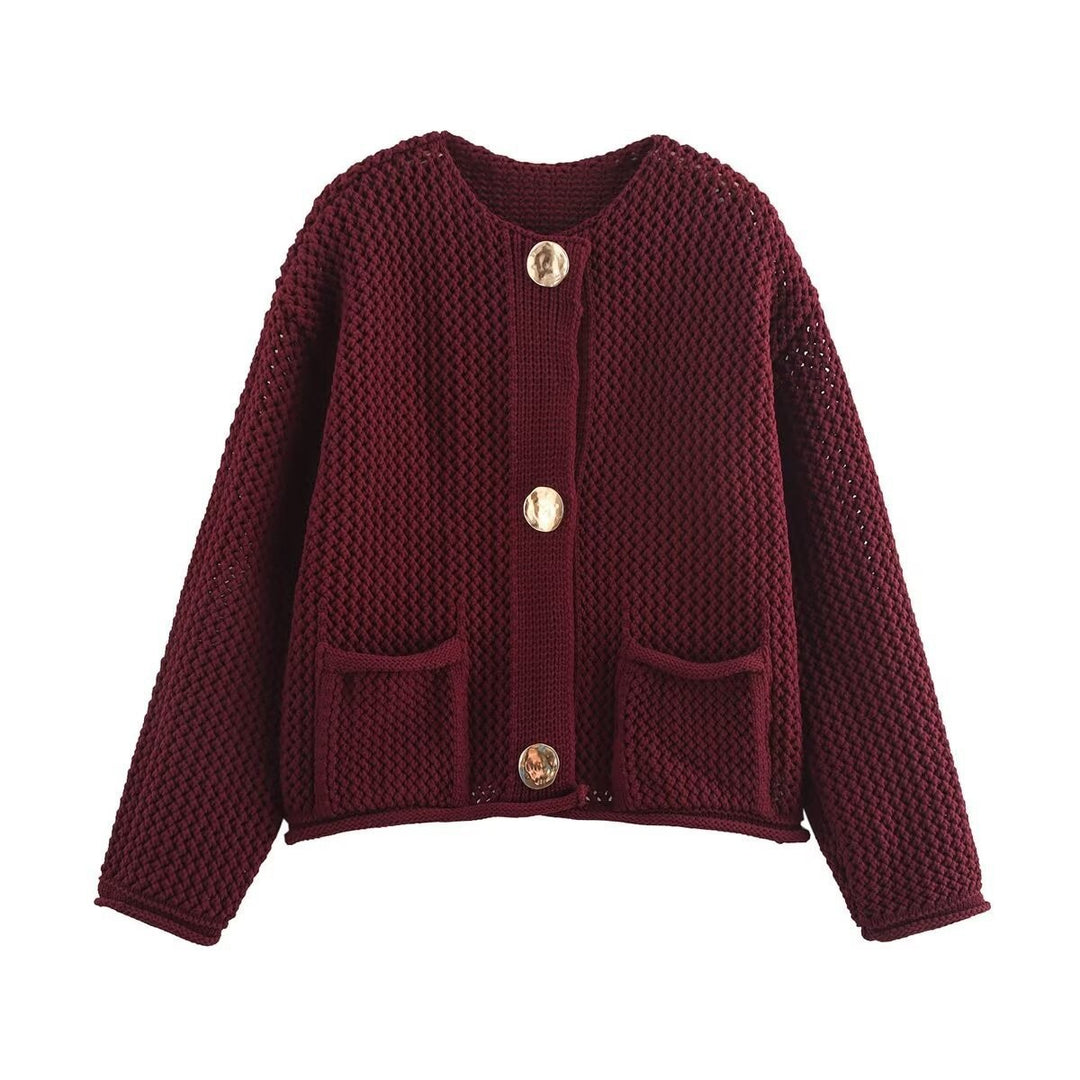 Dame cardigan med tekstureret stof og metal knapper Stilla