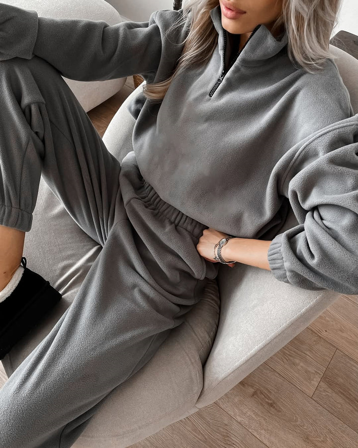 Kvinders fleece sæt med halv lynlås og elastisk talje
