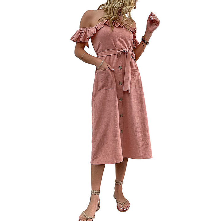 Kvinders Off-Shoulder Midi Kjole med Rynkedetaljer og Båndbelte Stilla