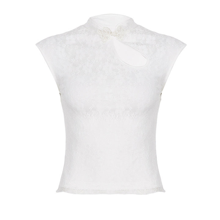 Damen Spitzenoberteil mit hochgeschlossenem Kragen und floralem Design Skovae