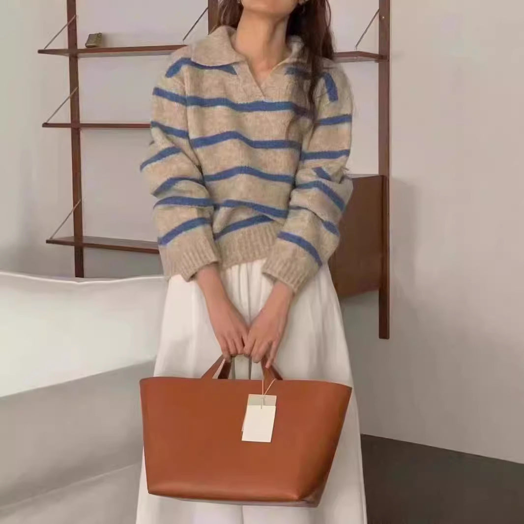 Kvinder Elegant Sweater med Stribet Mønster og Krave Stilla