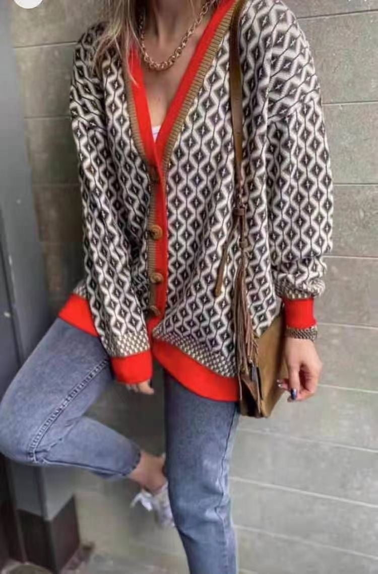 Femme Bohemian Mønstret Button-Up Strik Cardigan Stilla