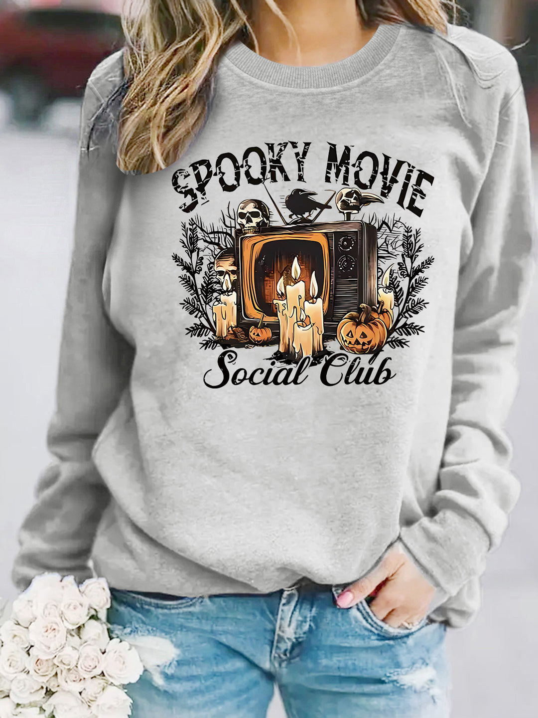 Dame sweatshirt med skræmmende film motiv og afslappet skæring Stilla