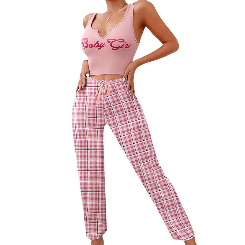 Dame afslappet Crop Top og ternet Bukser Sæt med justerbar linning Stilla