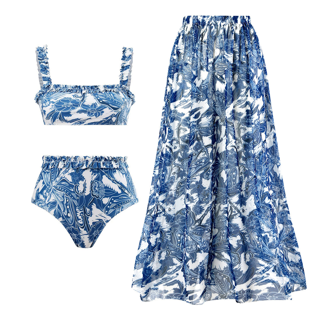 Dame bikini-sæt med elegante flæsedetaljer og matchende maxiskørt Stilla