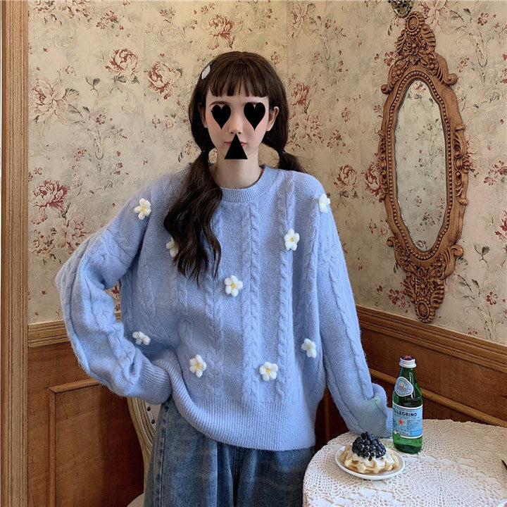 Dame Fashionable Chunky Strik Sweater med Blomsterapplikationer Stilla