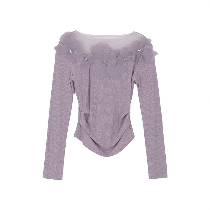 Dame elegant blouse med blomsterlignende spidskant og gennemsigtig krave Stilla