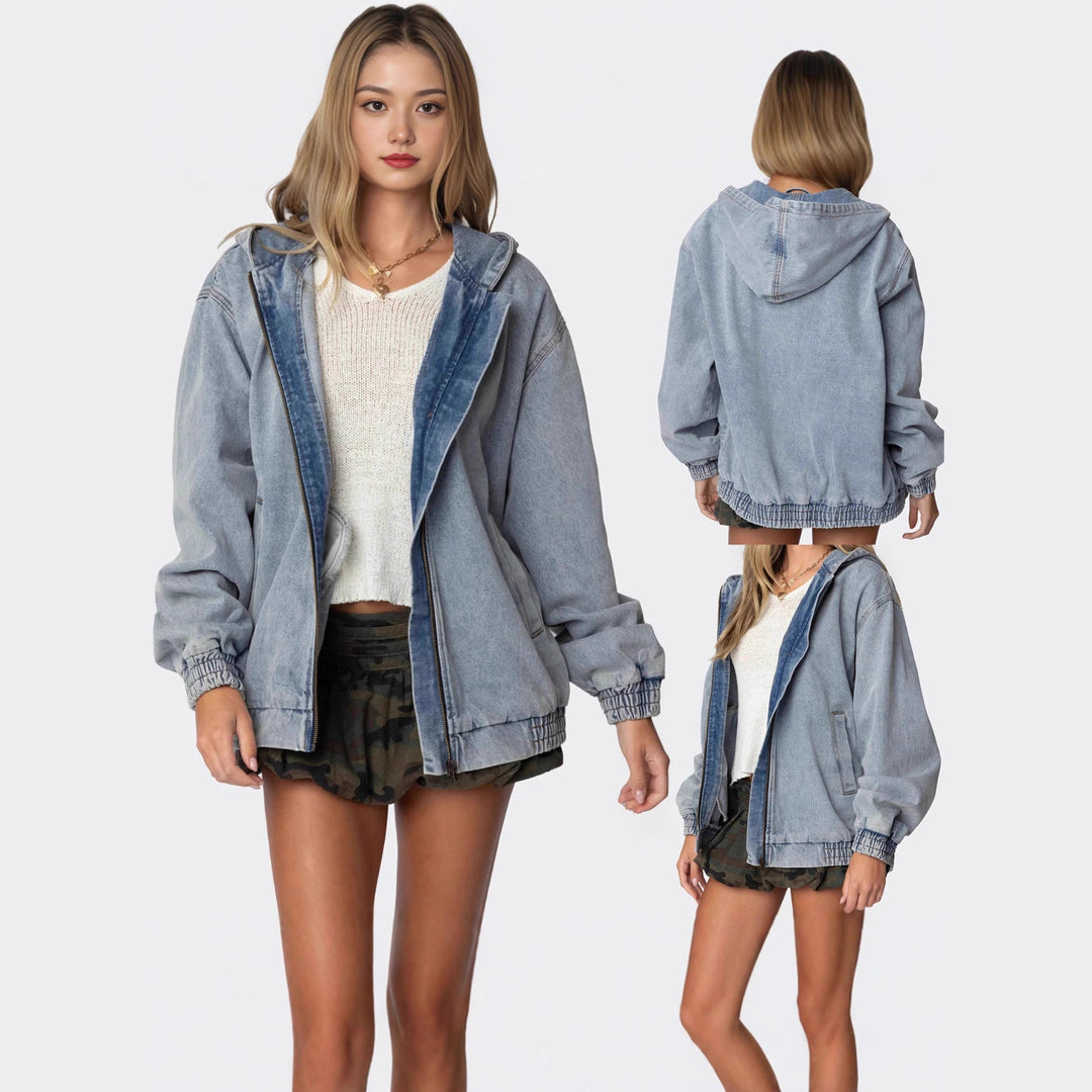 Dame Oversized Denimjakke med hætte og elastiske manchetter Skovae