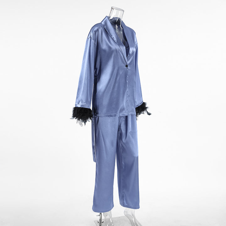 Dame satin casual lounge-sæt med elegante fjer Stilla