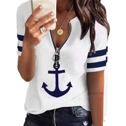 Dame Sporty T-shirt med lynlås og maritime motiver Skovae