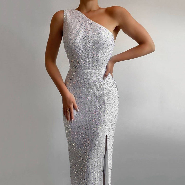 Dame Elegant Langærmet Kjole med asymmetrisk Udsnit og funkende Rhinestones Stilla