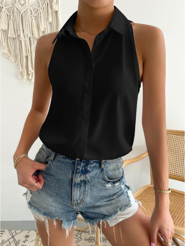 Dame ærmeløs skjorte med klassisk krave og smart snit Skovae