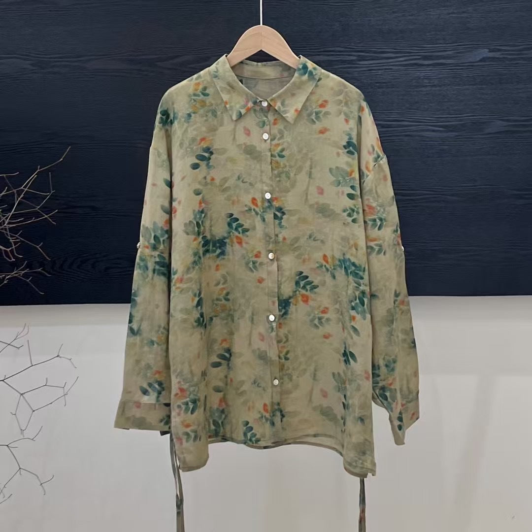 Femme Floral Print Langærmet Linnedskjorte Stilla