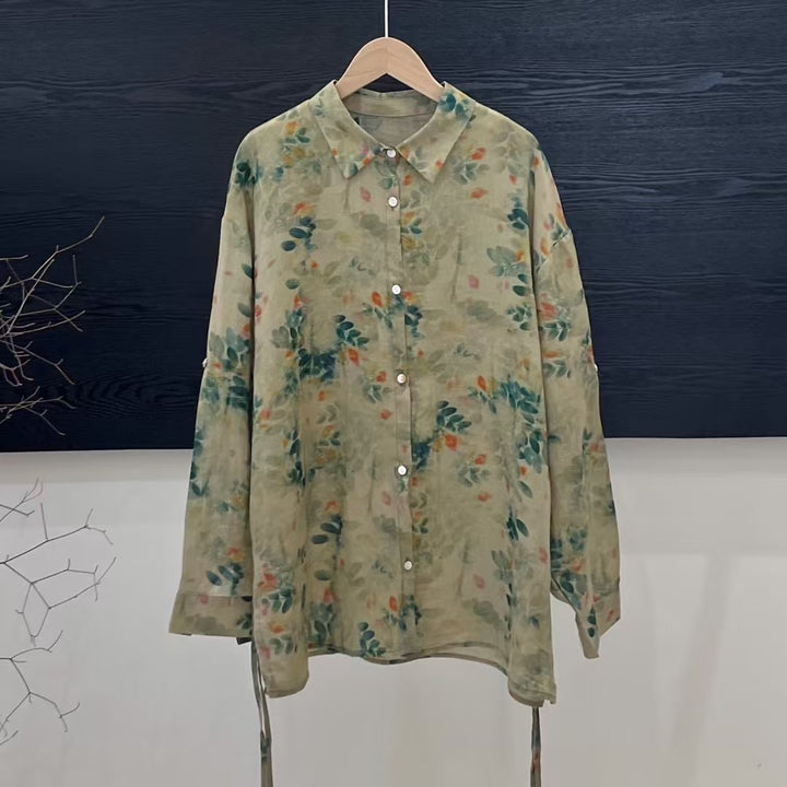Femme Floral Print Langærmet Linnedskjorte Stilla