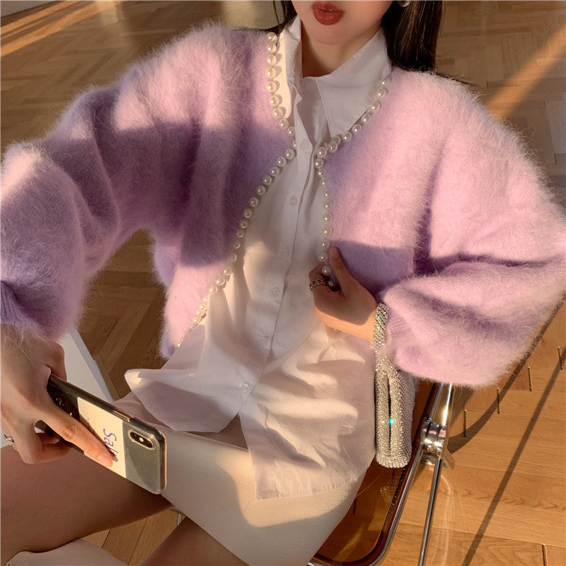 Kvinders fluffy cardigan med perlekant og trendy snit Stilla