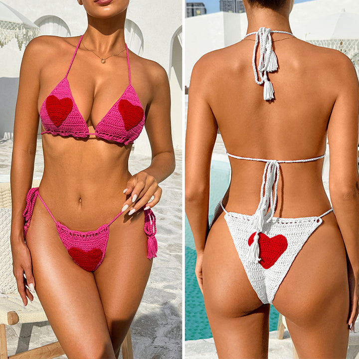 Dame hækle-bikini-sæt med hjerte-motiv og justerbart strop-system Skovae