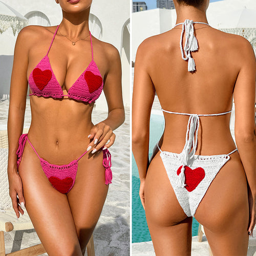 Dame hækle-bikini-sæt med hjerte-motiv og justerbart strop-system Skovae
