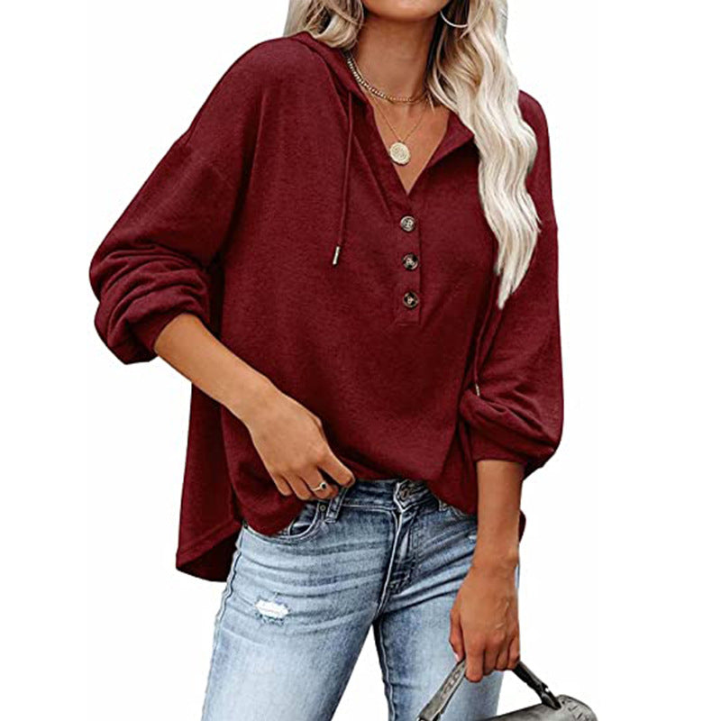 Dame afslappet hættebluse med knapstolpe og oversized snit Stilla