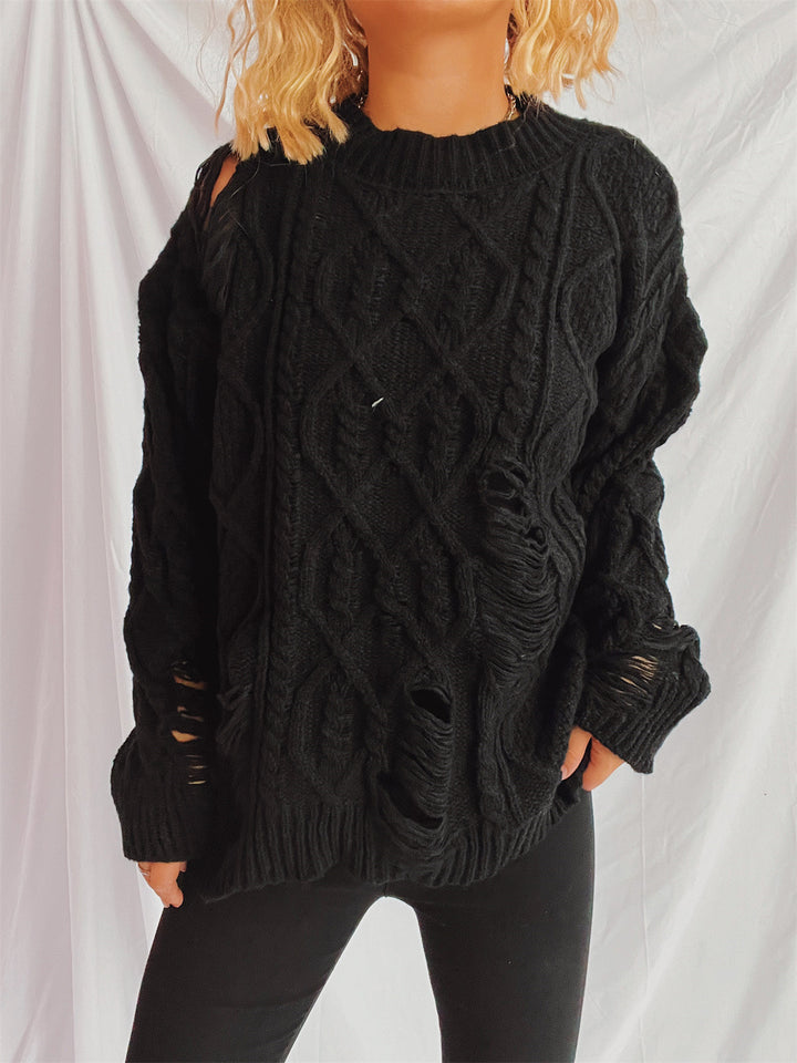 Dame casual oversized sweater med tekstureret kabelmønster og frynser Stilla