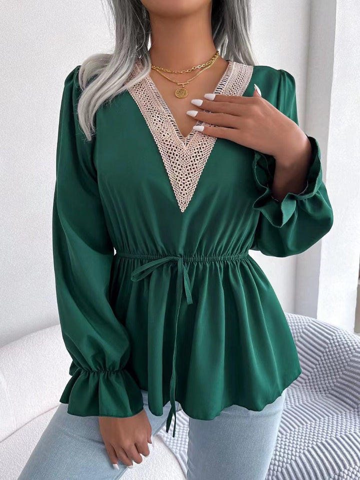Dame elegant V-hals bluse med flæseærmer Stilla