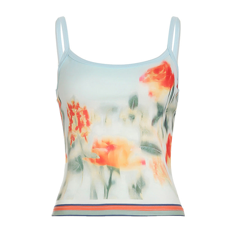 Dame spaghetti strop top med blomstret print og fin kant Skovae