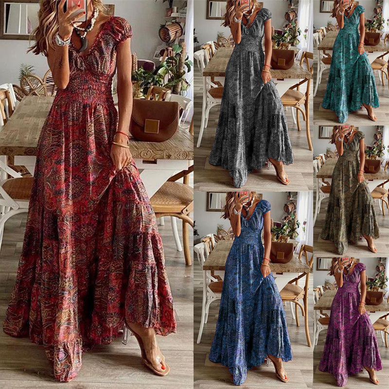 Dame Boho Maxi Kjole med rynket overdel og lagdelt kant Stilla