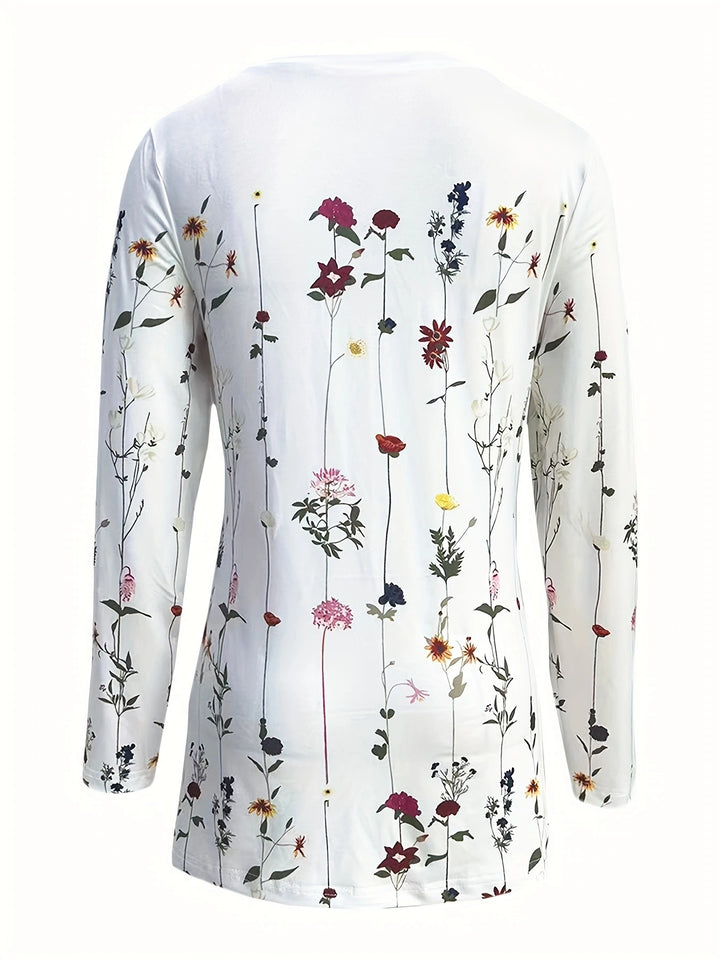 Dame langærmet skjorte med blomsterprint og V-udskæring Stilla