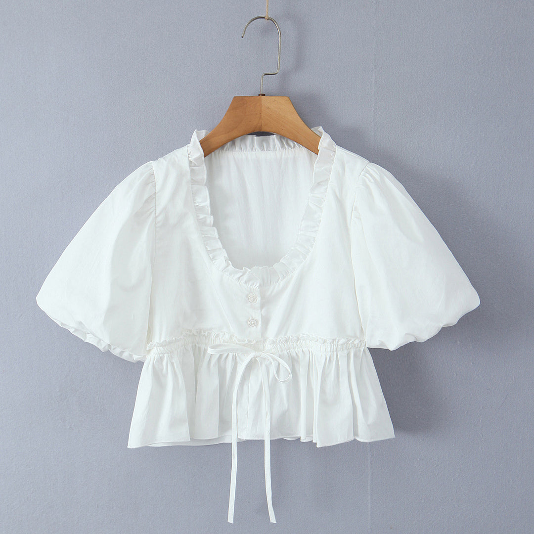 Dame Vintage Puffærmet Bluse med romantiske Ruffle-detaljer og Gummizug Stilla