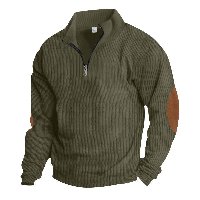 Herren nan ribbet finstrik pullover med kort lynlås ståkrave og læderlook albuepatches Skovae
