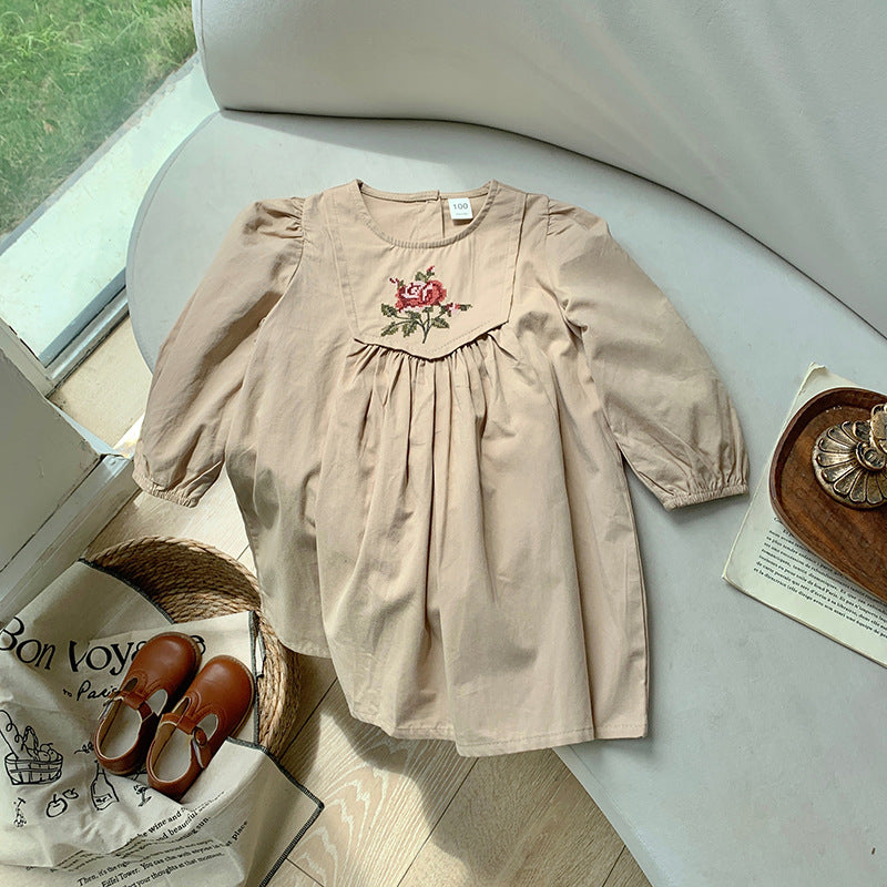Pige Broderet Floral Bomulds Kjole Stilla