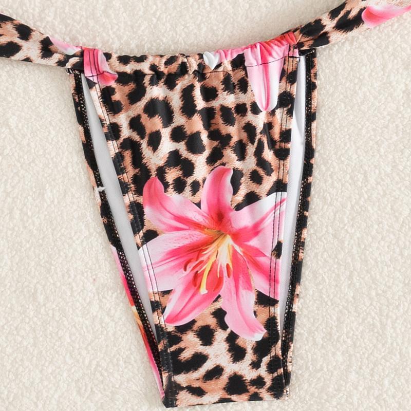 Dame bikini-set med blomsteragtigt leopardmønster og elegant knudedetalje Skovae