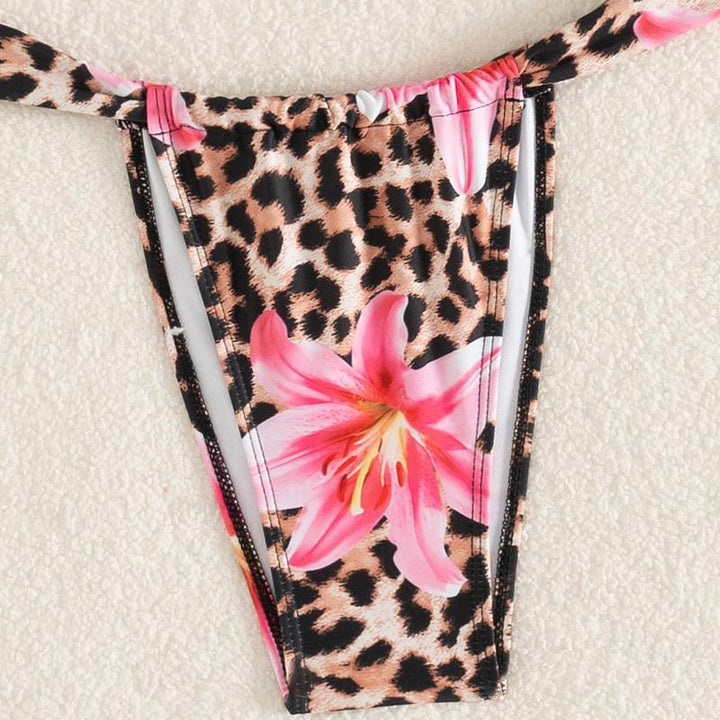 Dame bikini-set med blomsteragtigt leopardmønster og elegant knudedetalje Skovae