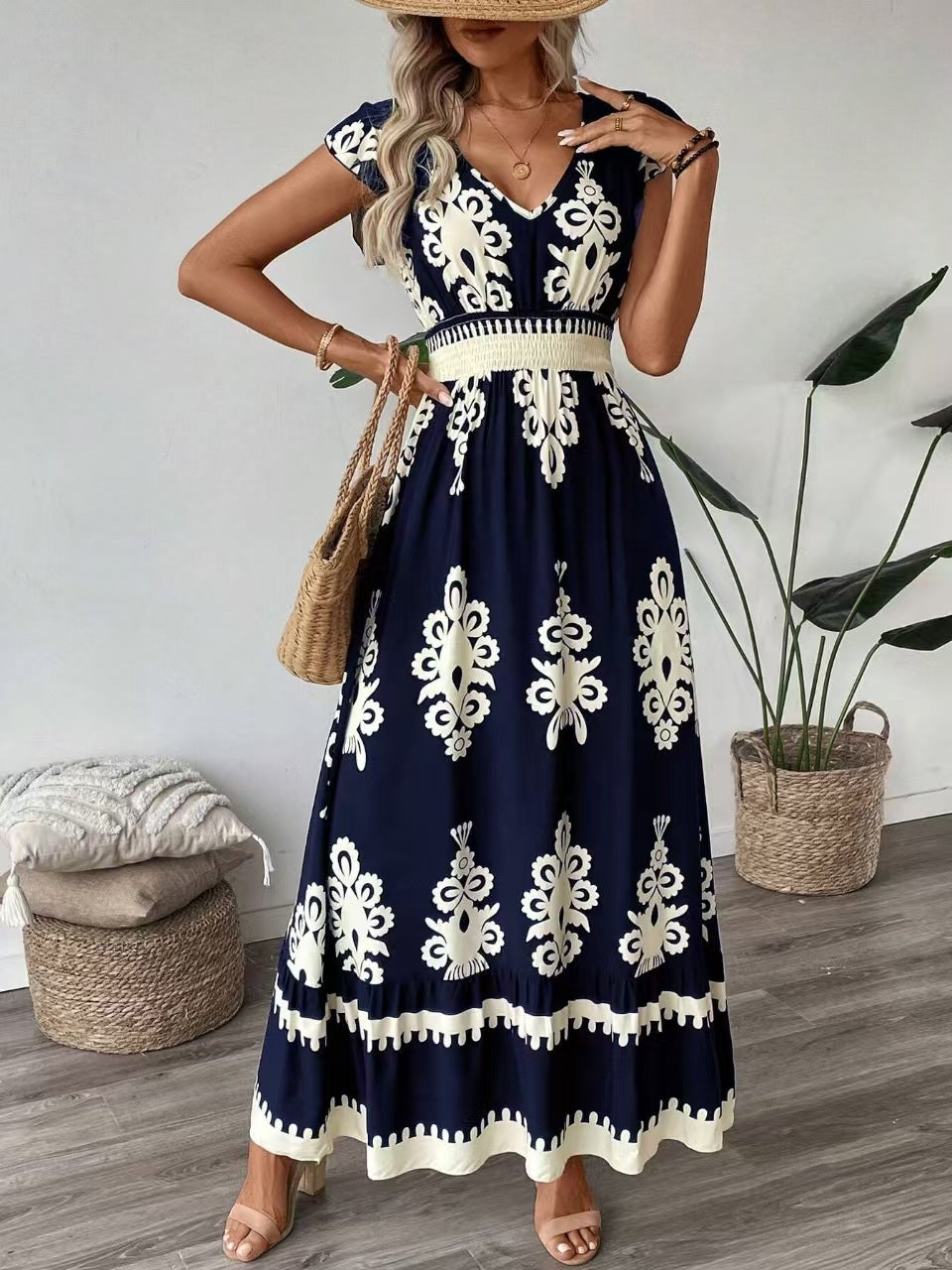 Kvinder Bohemian Blomster Maxi Kjole med Smock-talje Stilla