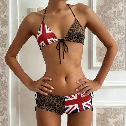 Dame bikiniset med leopardmønster og Union Jack accenter skovae