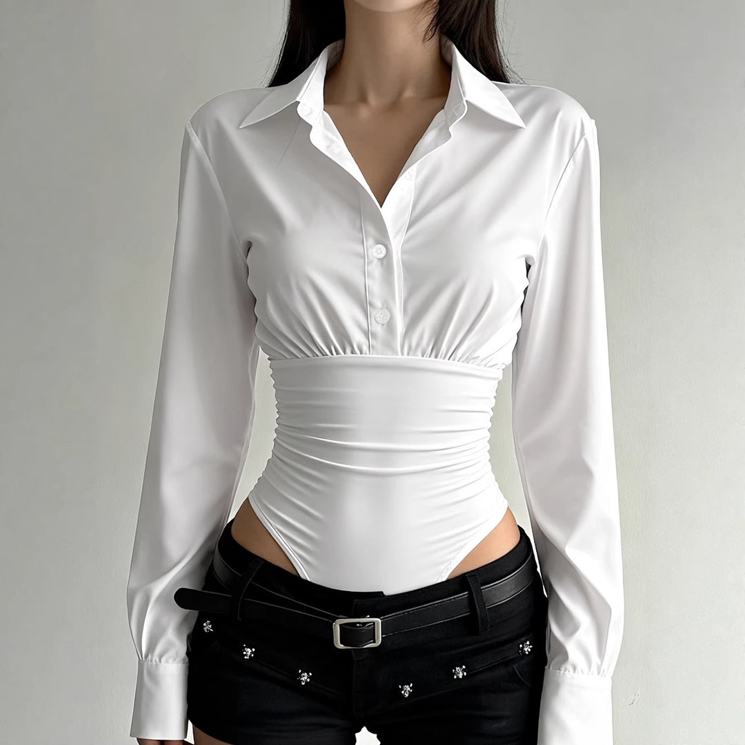 Dame elegant bodysuit med fin krave og knapdetaljer Skovae
