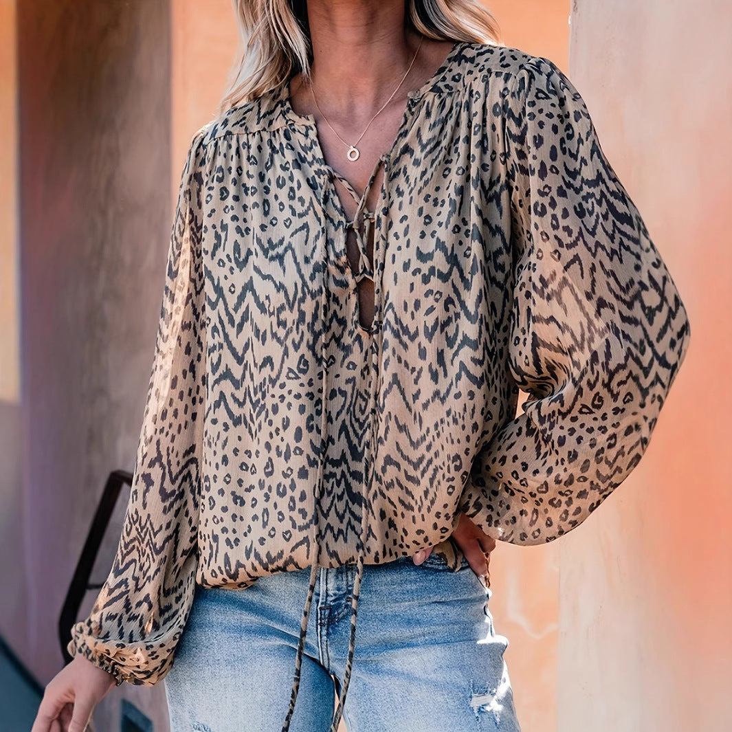 Dame Flydende Safari-Print-Bluse med Bindebånd Stilla