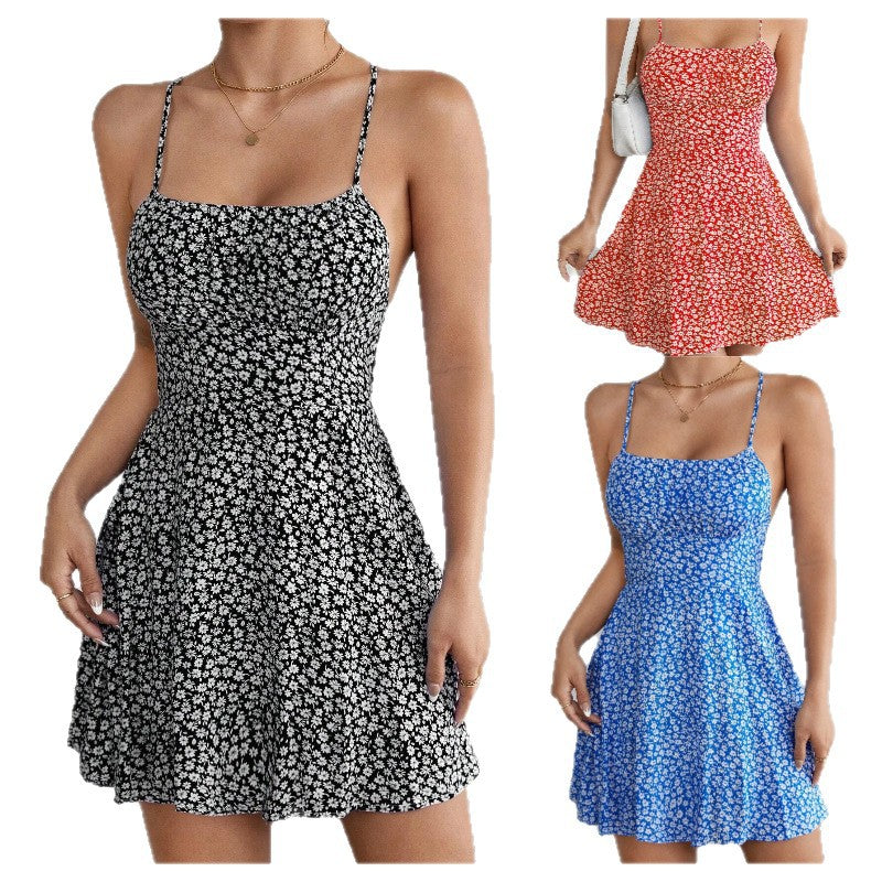 Dame Floral Print A-line Mini Kjole med justerbare Spaghetti-stropper Stilla