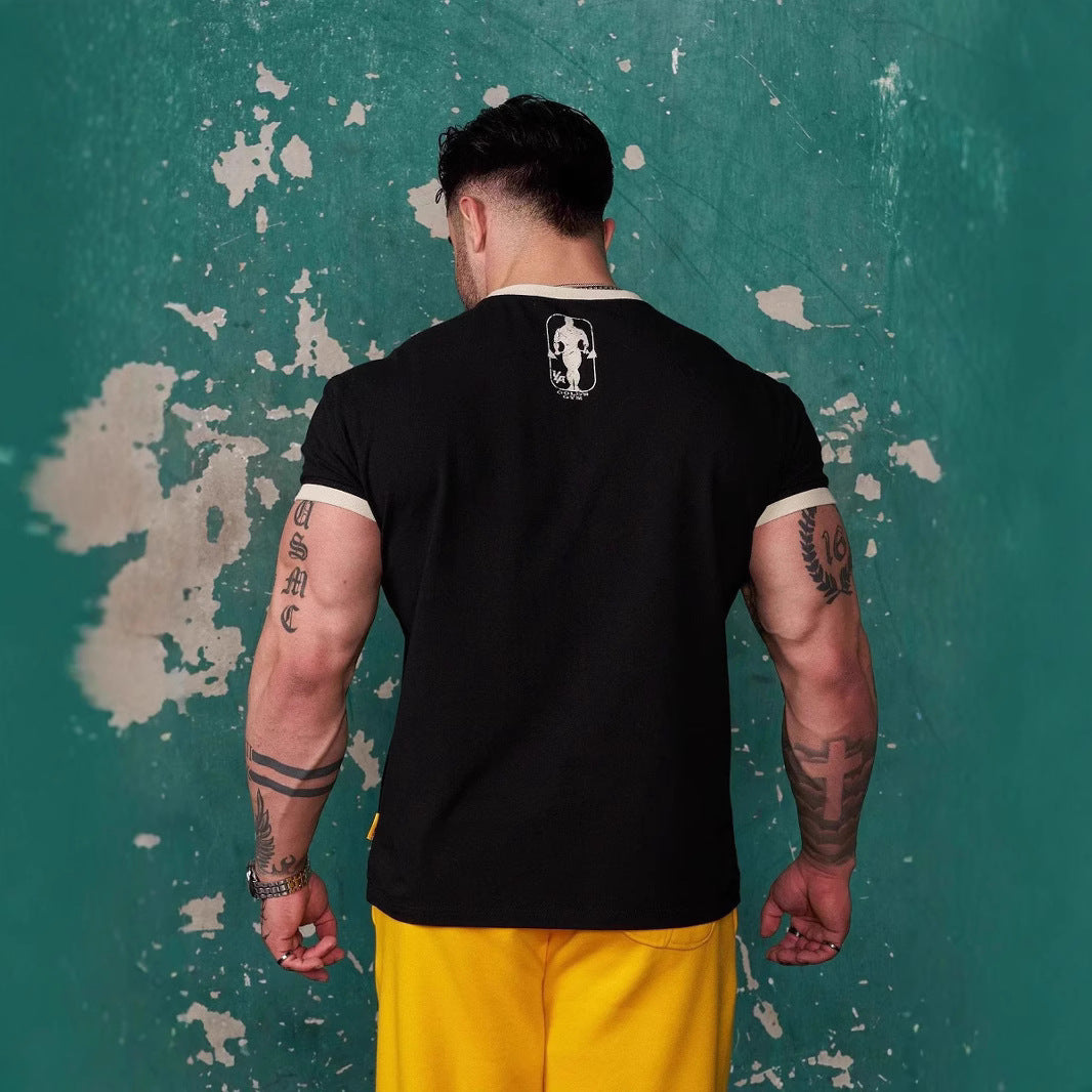 Herrer nan Vintage Træningsshirt med Rundhalsudskæring Kontrastmanschetter og Retro-Bodybuilding-tryk Skovae