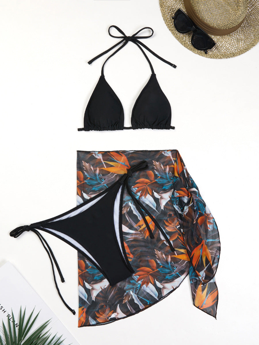 Dame Triangel-Bikini-Sæt med transparent Wrap-skirt og kreative bindebånd Stilla