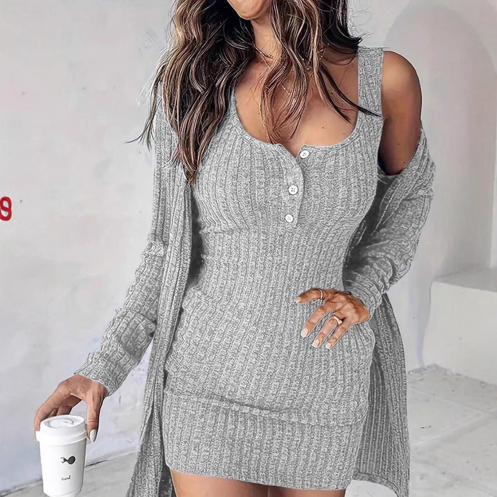 Dame Ribbstrikkjole med lang Cardigan Stilla