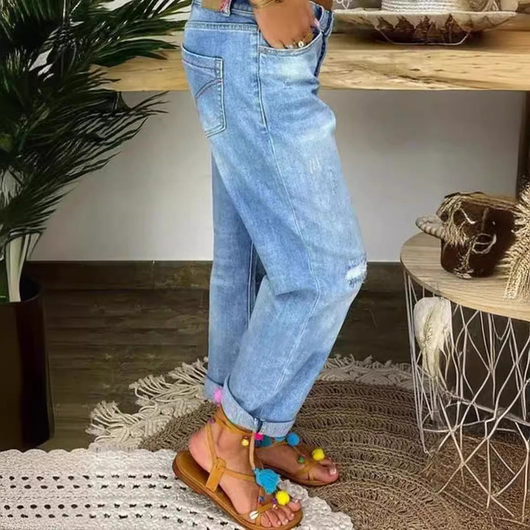 Dame Boyfriend Jeans med knapstolpe og afslappede destroyed-detaljer Stilla