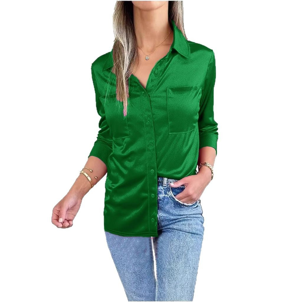 Dame elegant satinbluse med brystlomme og gennemgående knaplukning Stilla