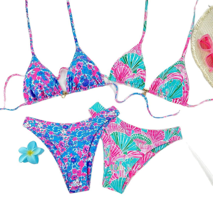 Dame trekanten bikini sæt med blomster mønstre og elegante stropper Skovae