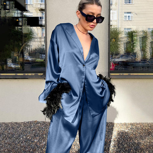 Dame satin casual lounge-sæt med elegante fjer Stilla